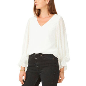 VINCE CAMUTO Plus Size Clip Dot White V-Neck Blouse with Long Sleeves NWT